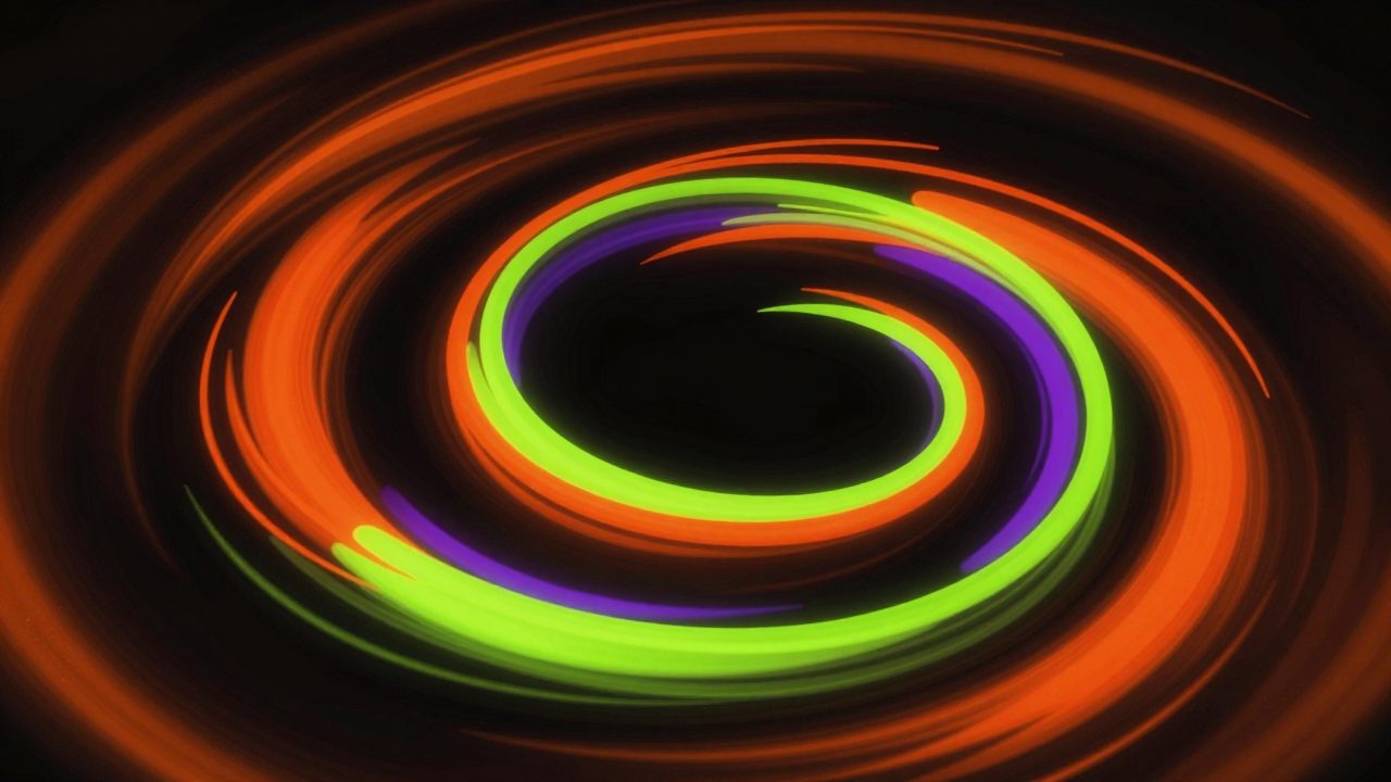 Abstract illustration of interlocking rings edged in lime and orange turning around a centre, representing e-invoice submissions running automatically