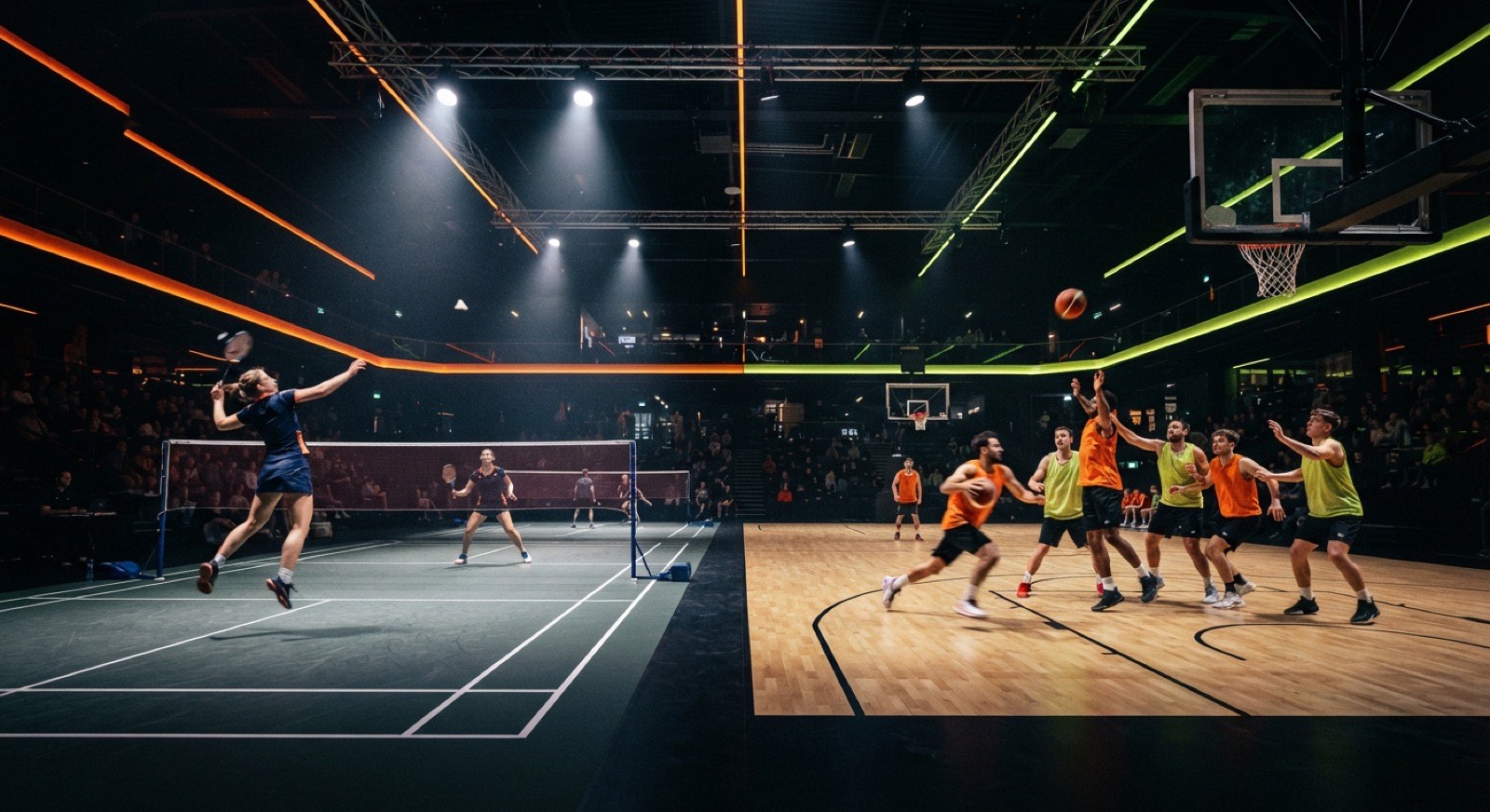 Badminton and basketball games in full swing under dramatic orange and lime lighting in a modern indoor court arena at night