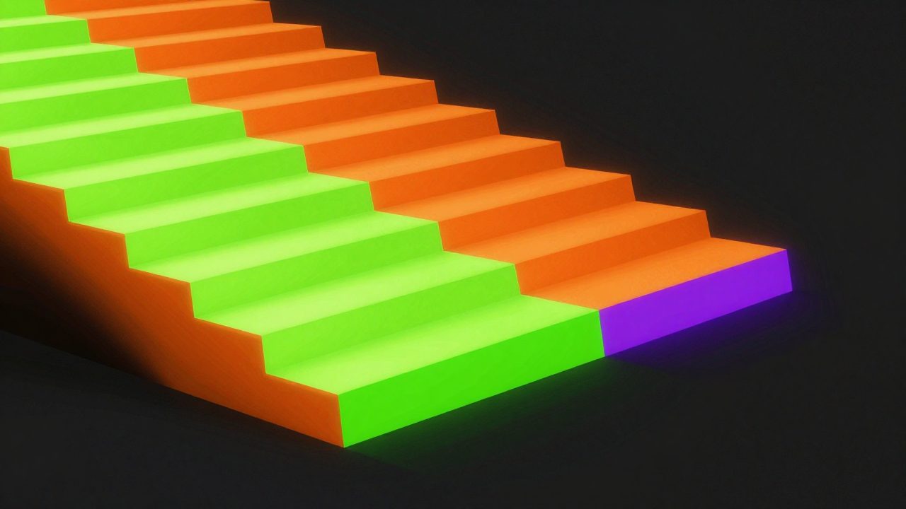 Abstract illustration of a stepped ramp of bars climbing from lime through orange to violet, representing pricing that scales with your size
