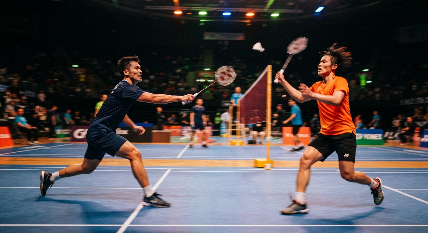 Players on an indoor badminton court under dramatic orange and lime stadium lighting at night