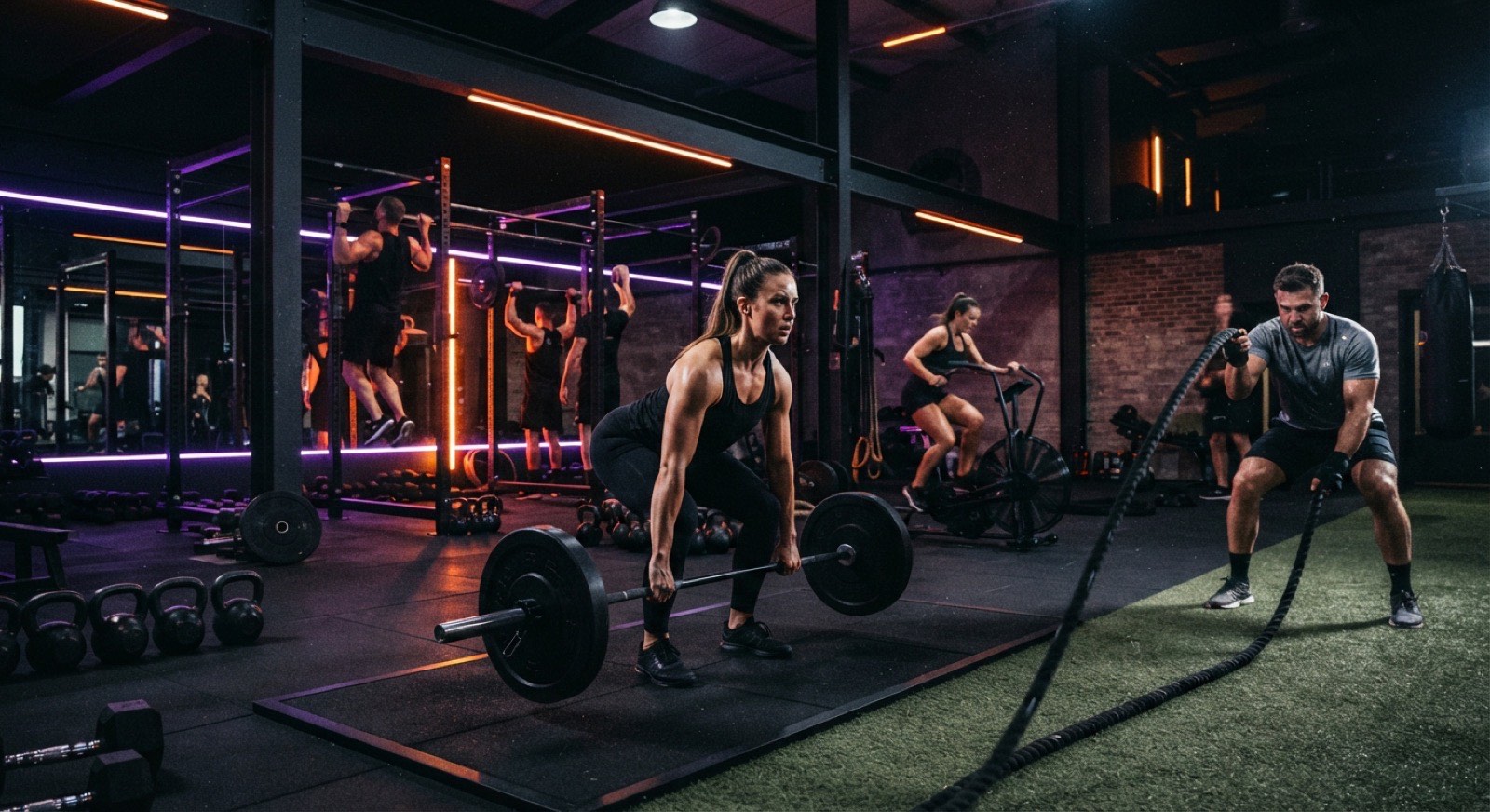 Members training on a modern gym floor at night under dramatic orange and purple lighting