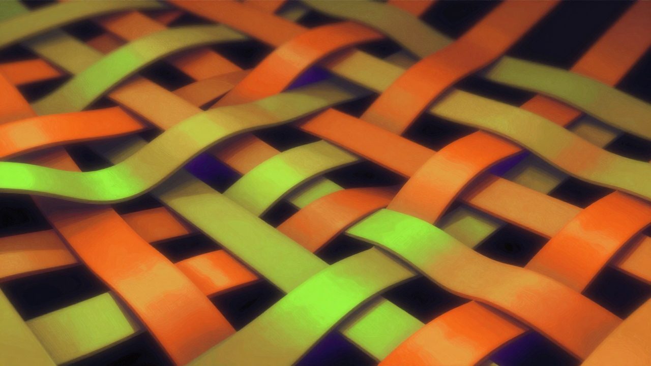 Abstract illustration of interlacing orange and lime ribbons forming a woven mesh, representing your existing hardware and payment rails working together