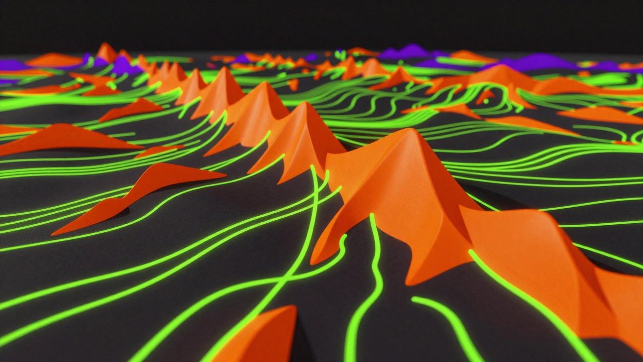 Abstract illustration of glowing lime contour ridges rising into orange peaks, representing court utilisation across the week