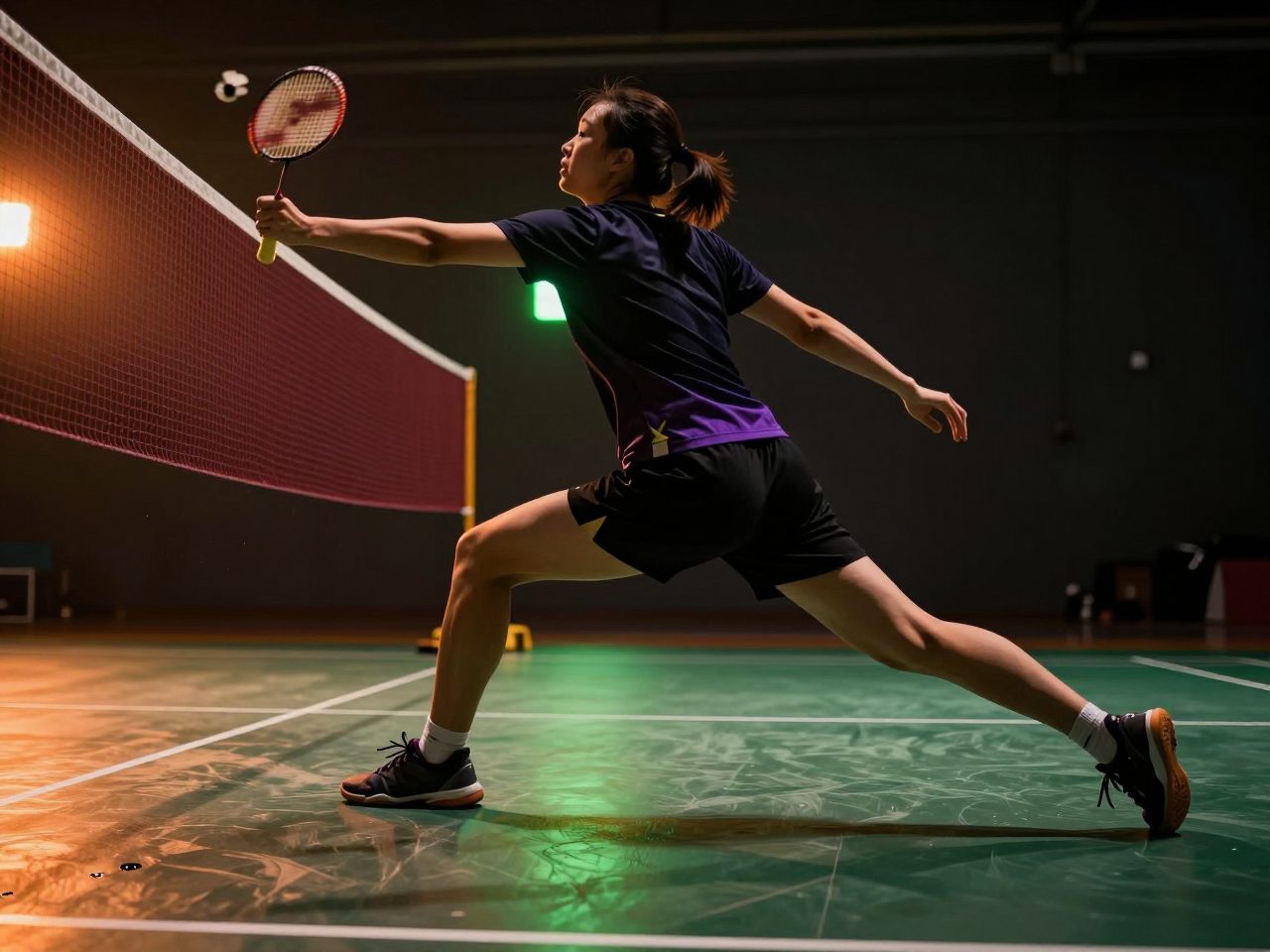 A badminton player lunging at the net to play a kill shot on an indoor court
