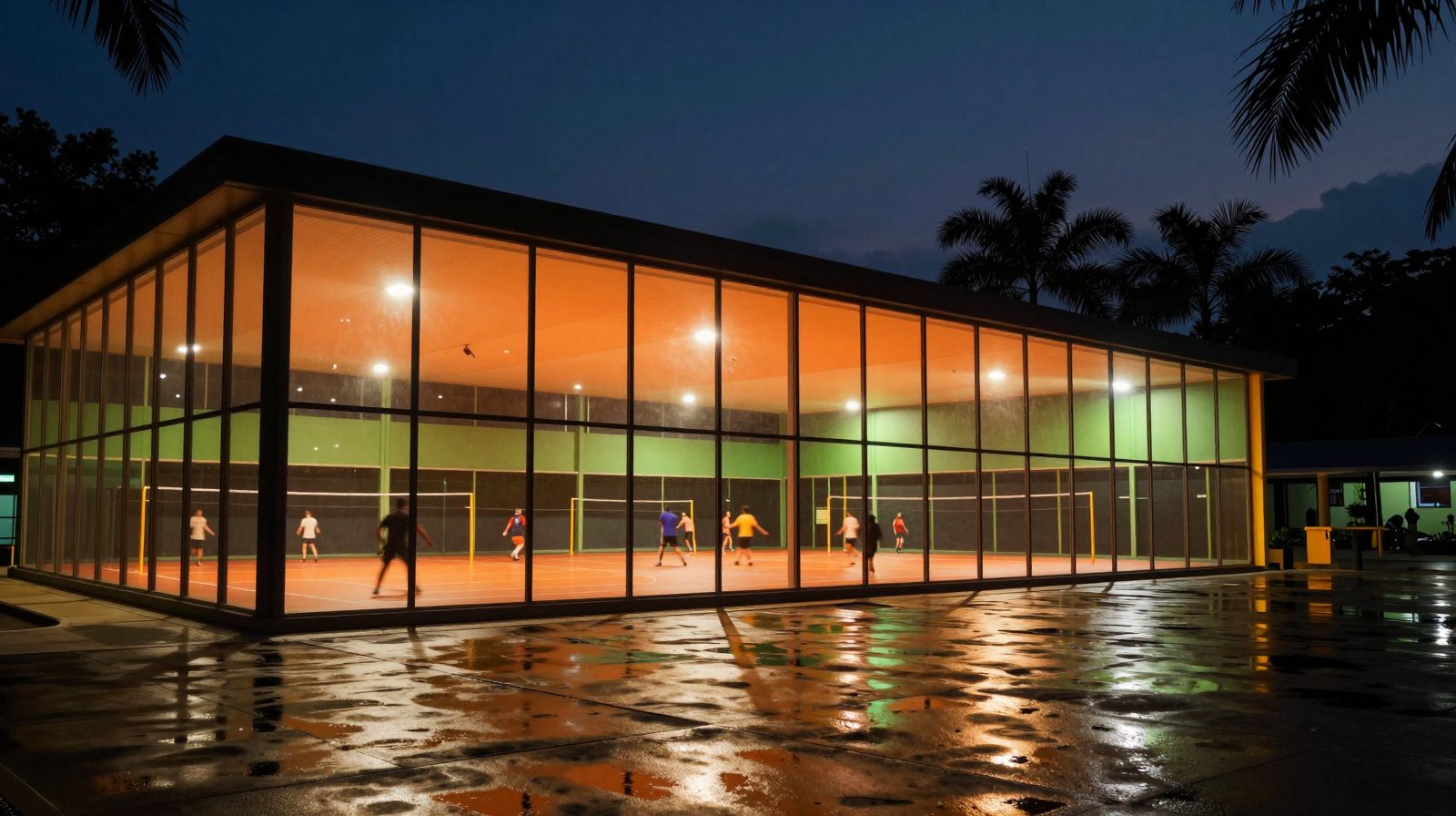 A contemporary Malaysian sports and recreation complex at dusk with courts lit inside and tropical palms in silhouette