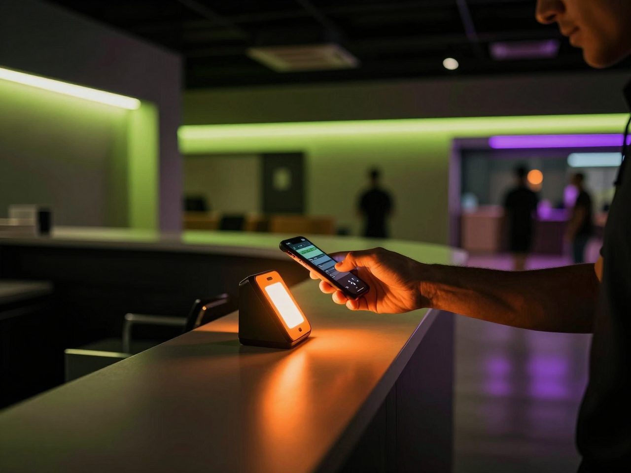A club member tapping a phone on a glowing access reader at a sports club reception counter