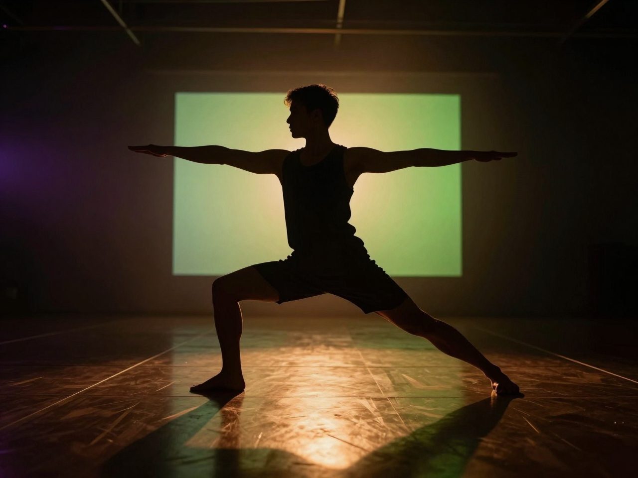 A figure holding a balanced warrior yoga pose in a dim studio lit by a shaft of warm light